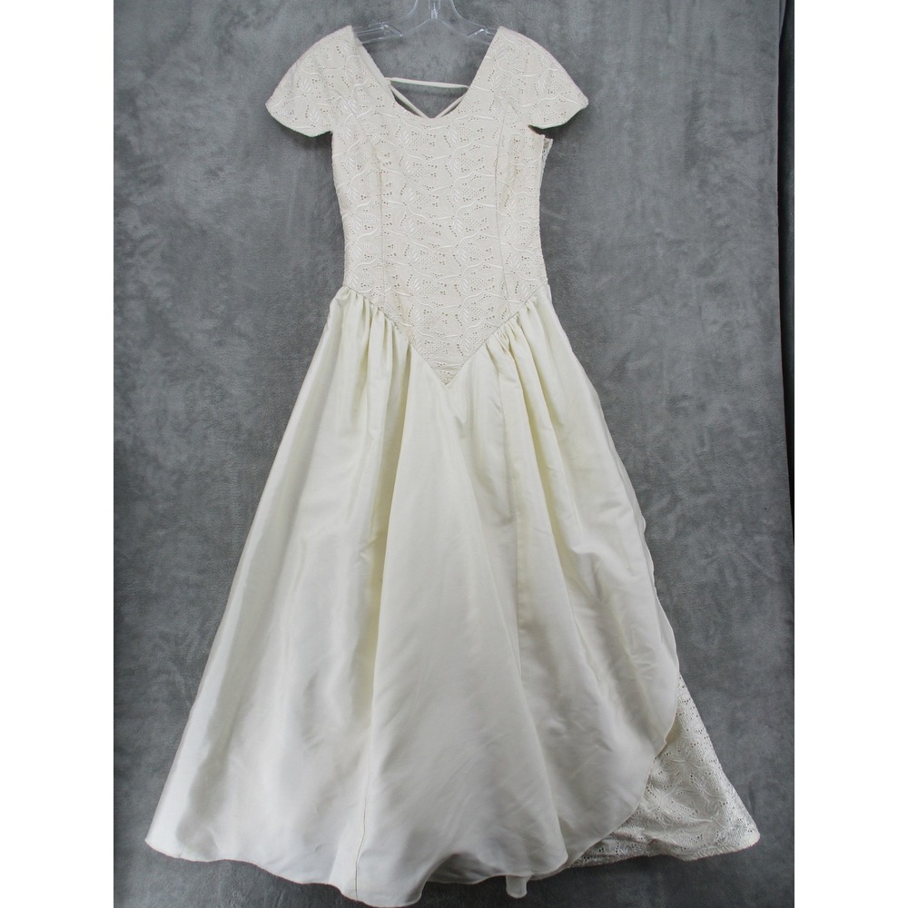 VTG Brooks Denver Dress 4 Silk Eyelet V Waist Lace Up Coquette Embroidered Ivory